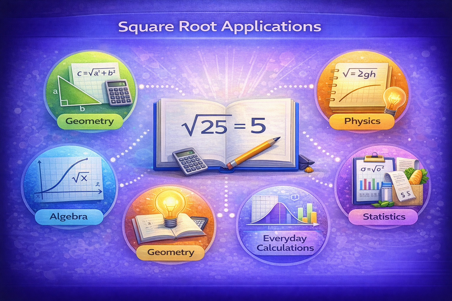 Square root applications in geometry, physics, algebra, statistics, and everyday calculations